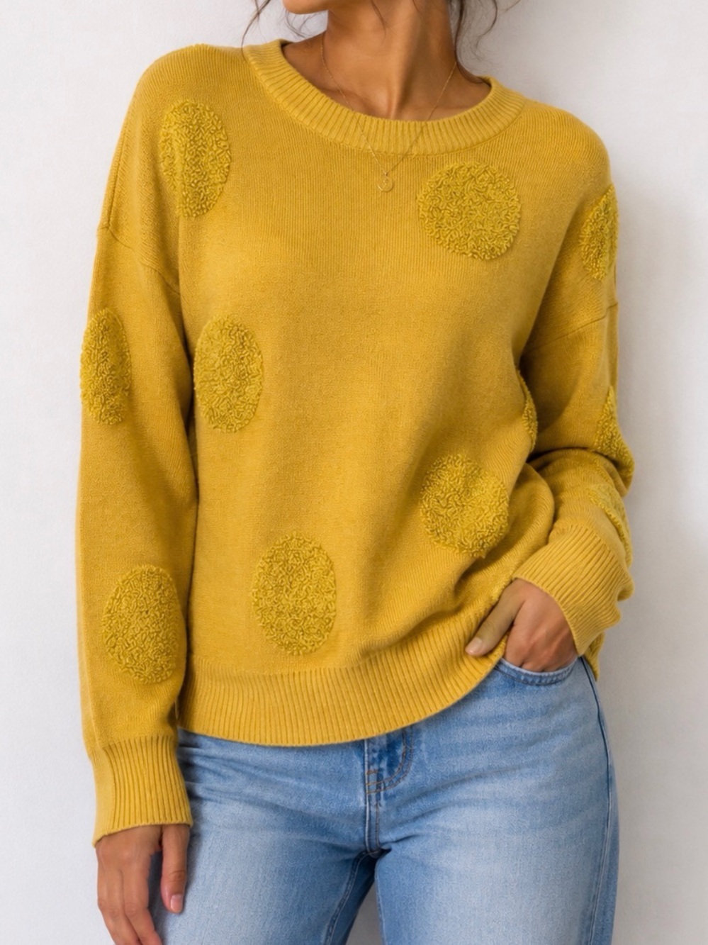 Tahari Mustard Textured Polka Dot Sweater SP